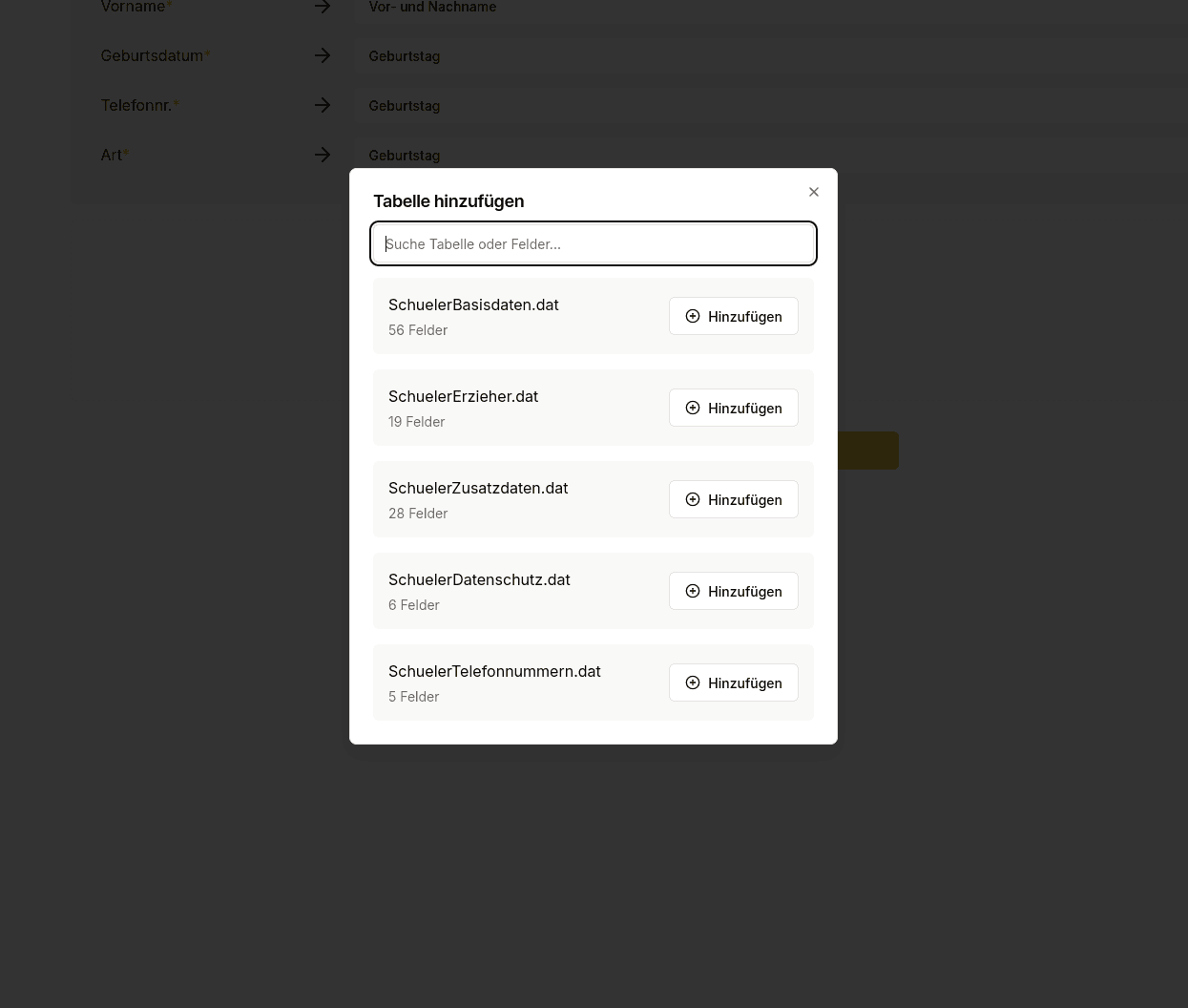 SchILD Export Schema Tabellenasuwahl