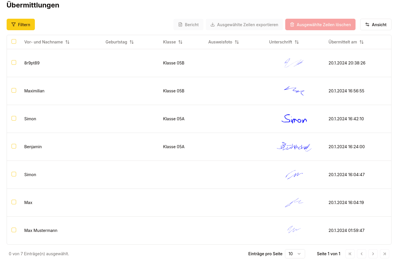 Liste der Übermittlungen